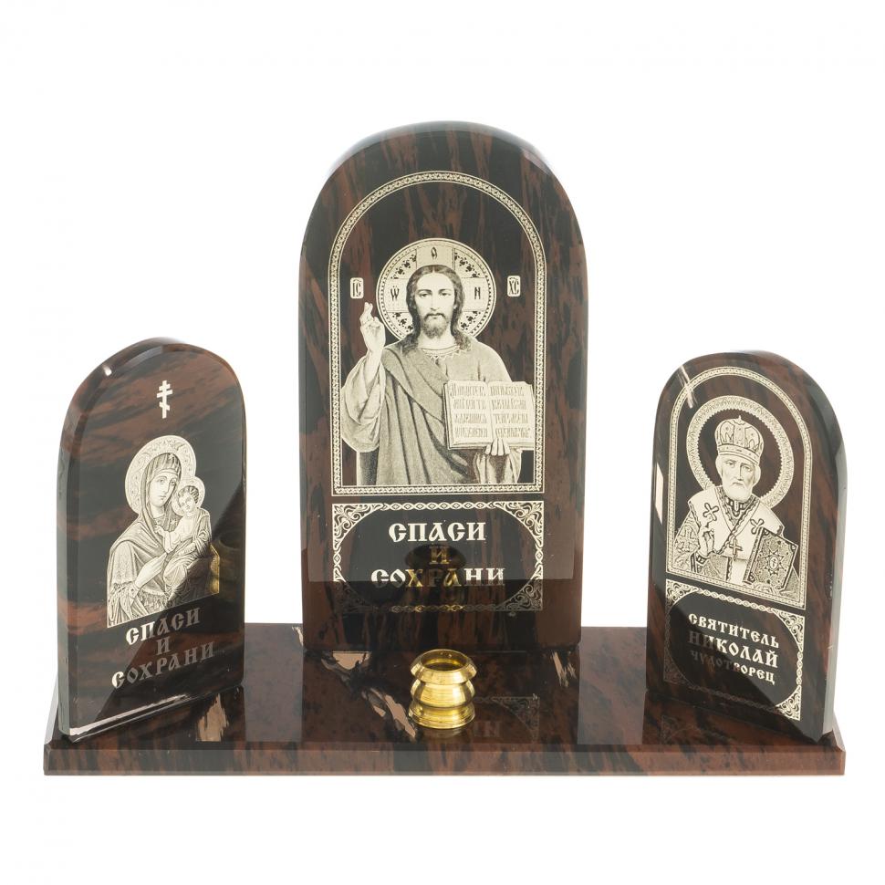 Икона триптих "Спаситель, Богоматерь, Николай" камень обсидиан фото 1 — 