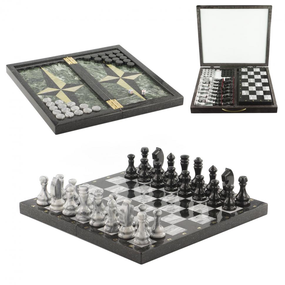 Настольный набор Шахматы Шашки Нарды 3 в 1 из камня фото 1 — 