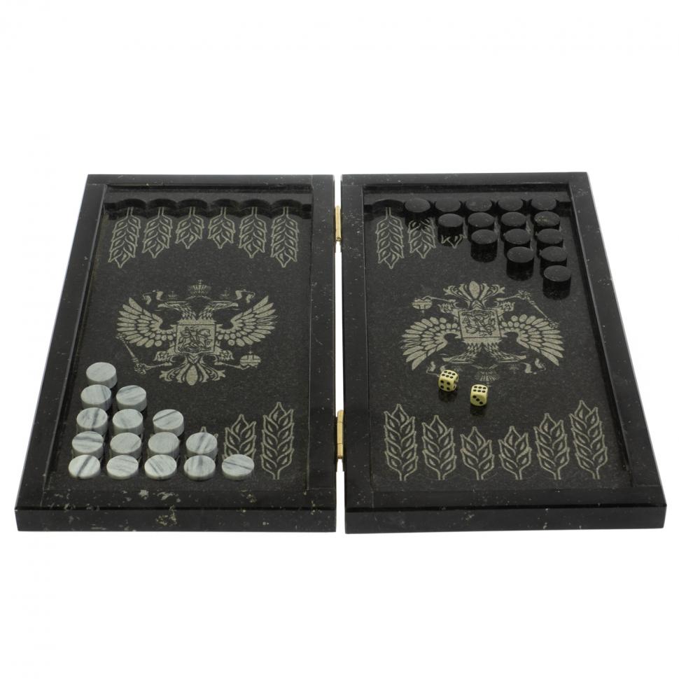 Каменные нарды с гравировкой "Волк и медведь" с гербом РФ фото 1 — 