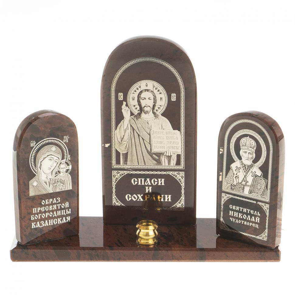 Икона триптих "Спаситель, Казанская, Николай" камень обсидиан фото 1 — 