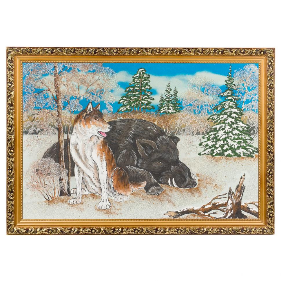 Картина "Охота на кабана" багет 46х66 см, каменная крошка фото 1 — 