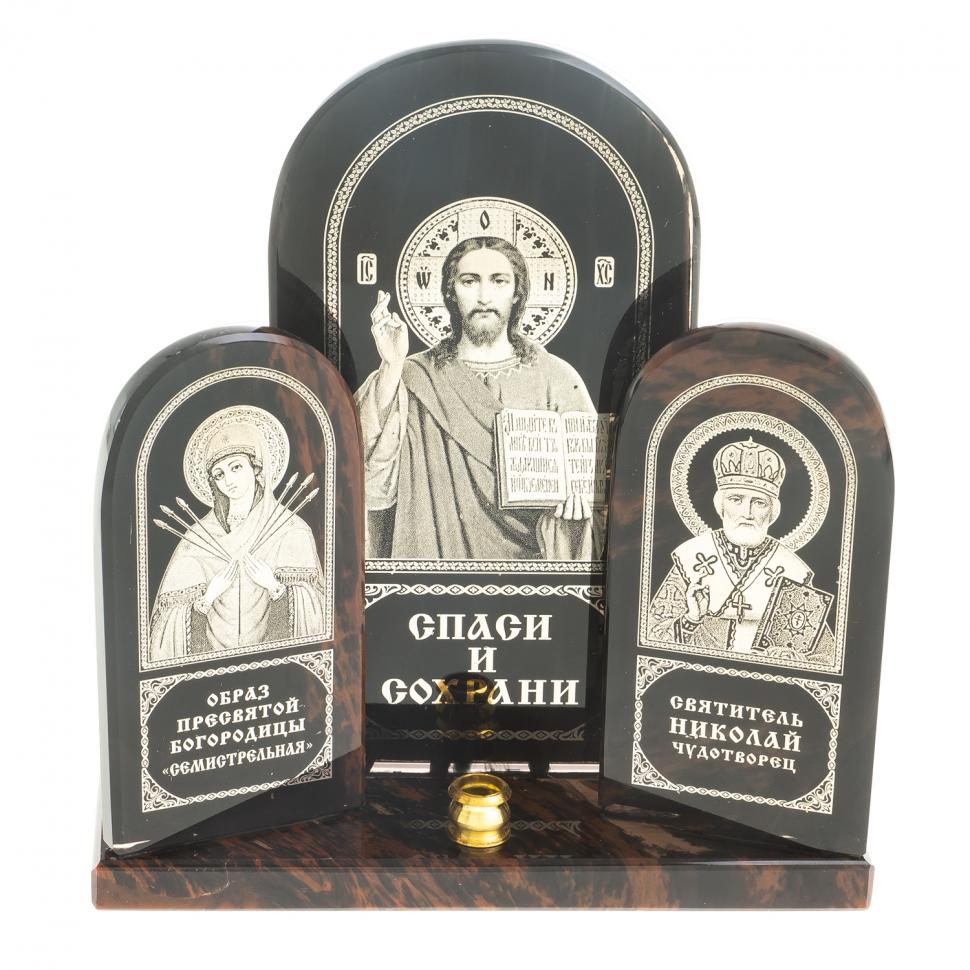 Икона триптих большая "Спаситель, Семистрельная, Николай" камень обсидиан фото 1 — 