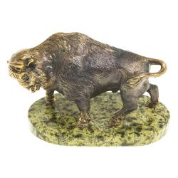 Бронзовая статуэтка &quot;Зубр&quot; на подставке из камня змеевик — 