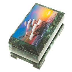 Шкатулка с иллюстрацией &quot;Парусник&quot; камень змеевик 17,5х9,5х7,5 см — 