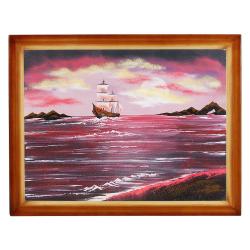 Картина &quot;Рубиновый закат с парусником&quot; багет дерево 36х46 см, каменная крошка — 