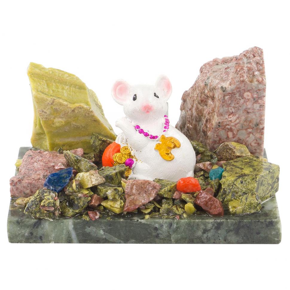 Сувенир "Мышка белая с евро" змеевик самоцветы фото 1 — 