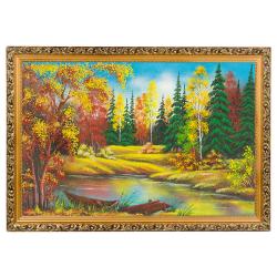 Картина &quot;Лодка на озере осень&quot; багет 46х66 см повтор 9658, каменная крошка — 