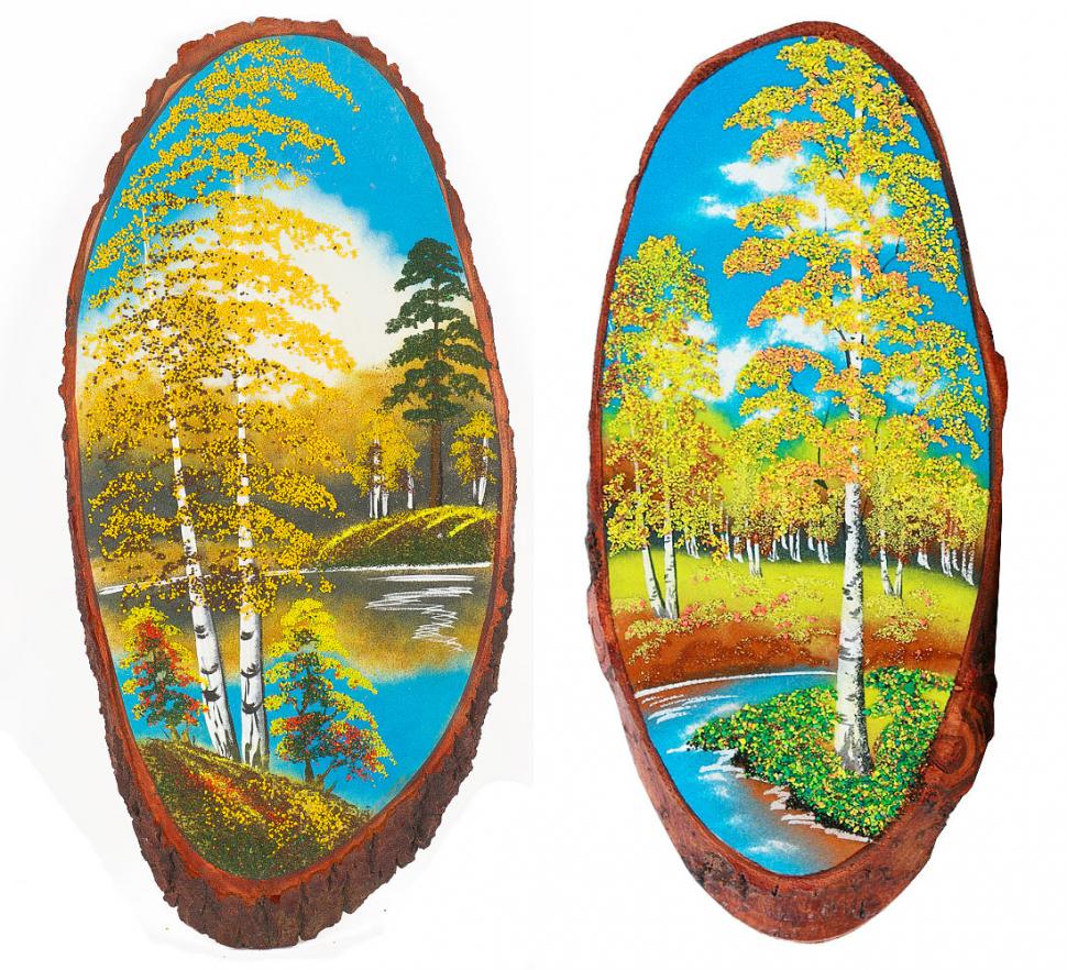 Панно на срезе дерева "Осень" вертикальное 55-60 см каменная крошка фото 1 — 