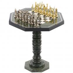 Шахматный стол из камня &quot;Греческая мифология&quot; мрамор змеевик фигуры металл — 