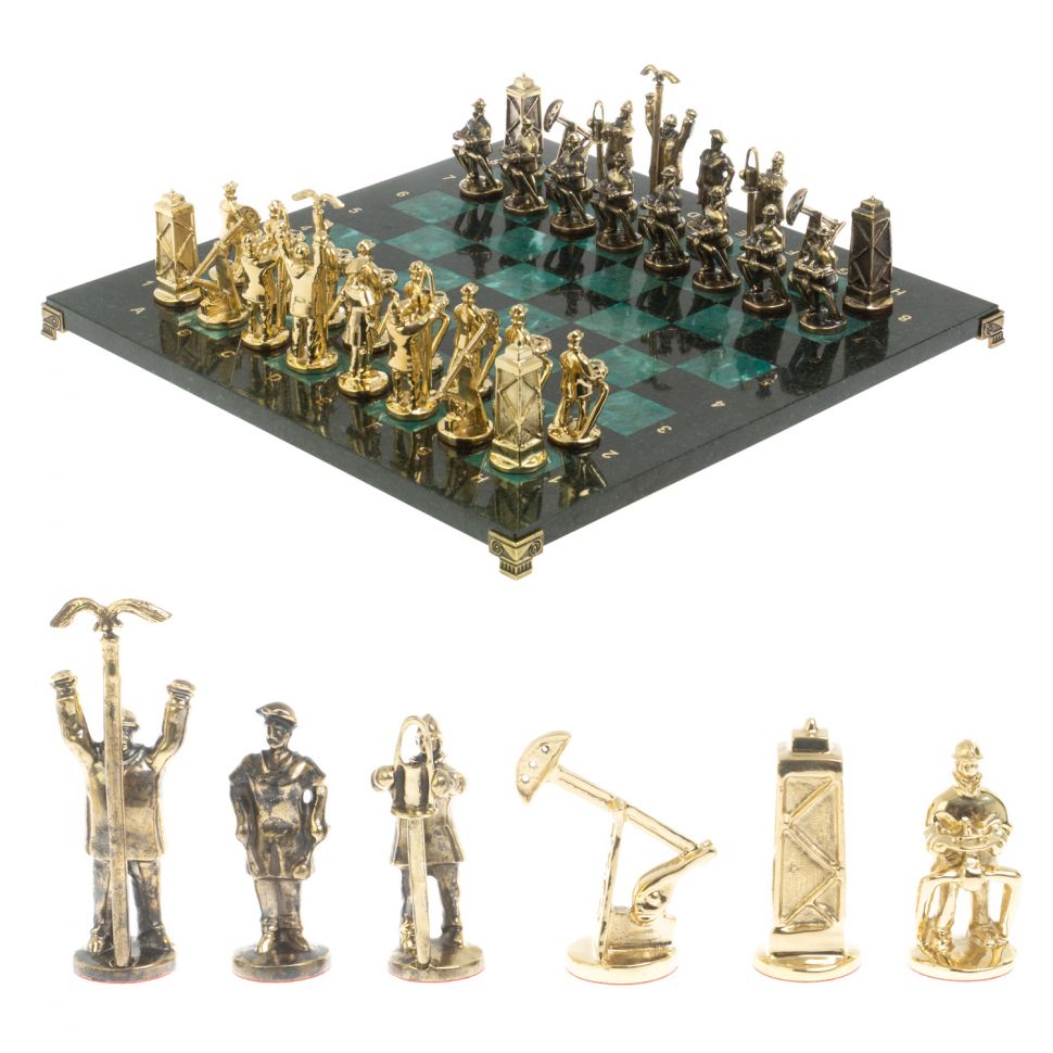 Шахматы сувенирные "Нефтяники" 44х44 см шабровский змеевик фото 1 — 