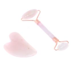 Подарочный набор роликовый массажер и скребок гуаша из розового оникса — 