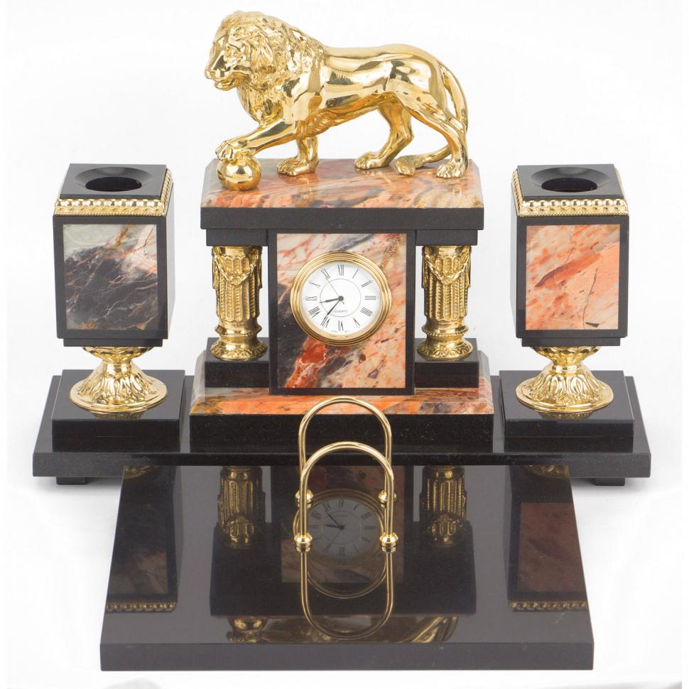 Настольный набор "Лев с шаром" из яшмы и долерита фото 1 — 