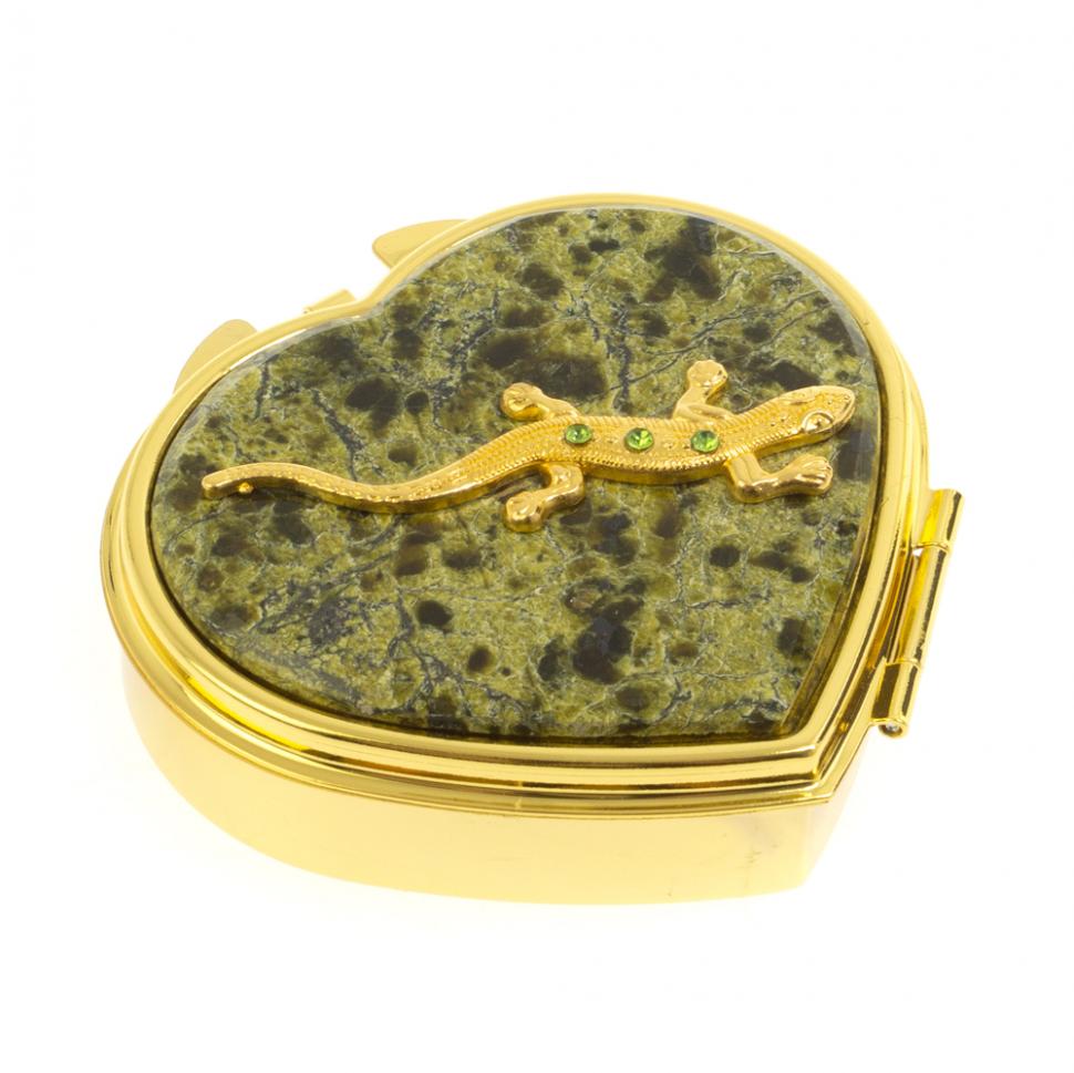 Таблетница "Сердце" ящерица со стразами на 3 отделения змеевик цвет золото фото 1 — 