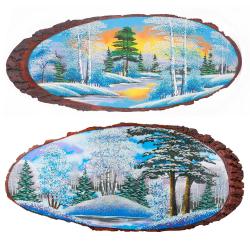 Панно на срезе дерева &quot;Зима&quot; горизонтальное 55-60 см каменная крошка — 