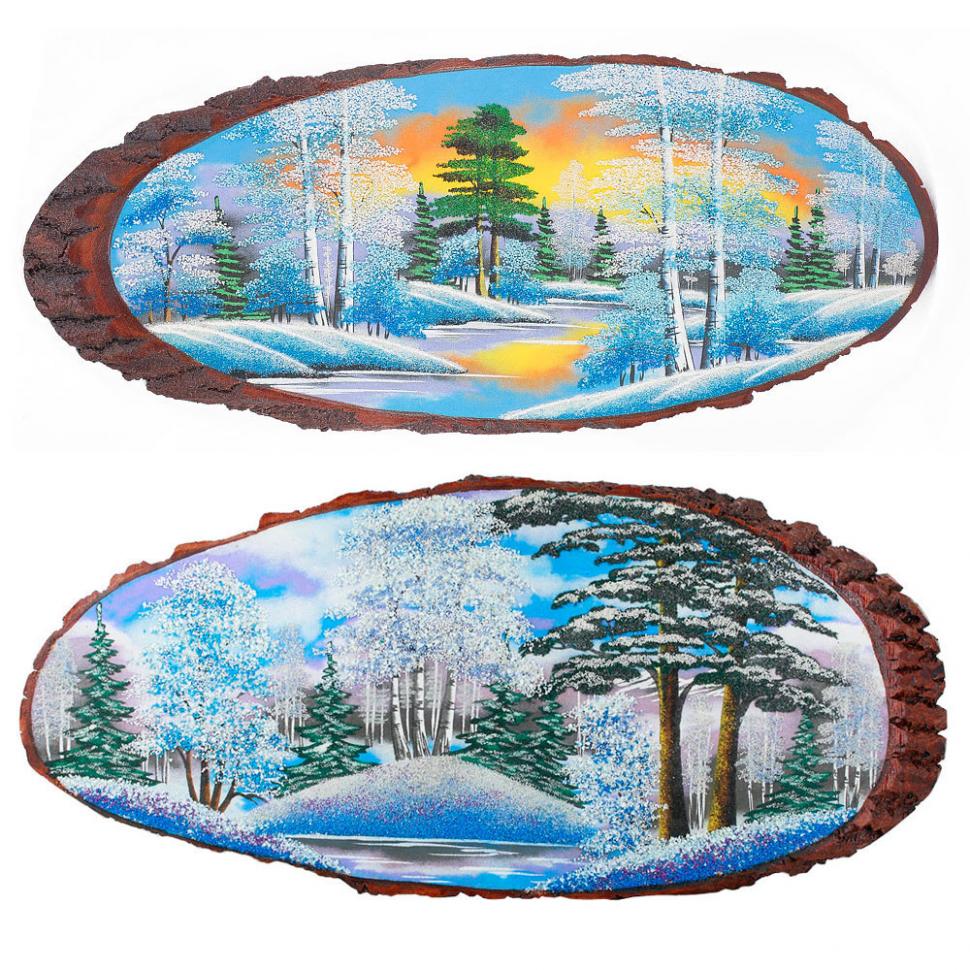 Панно на срезе дерева "Зима" горизонтальное 55-60 см каменная крошка фото 1 — 