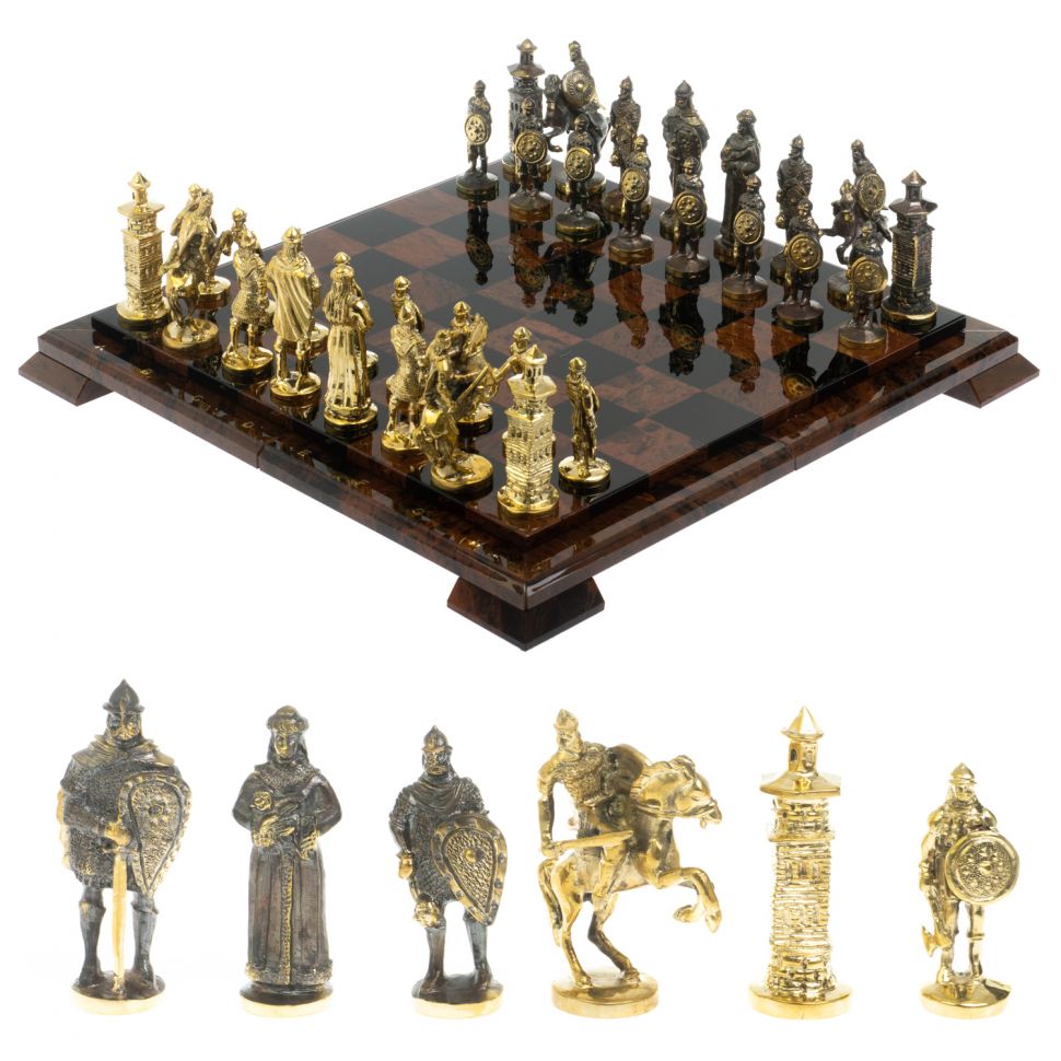 Шахматы "Богатыри" фигуры бронза доска 40х40 см из обсидиана фото 1 — 