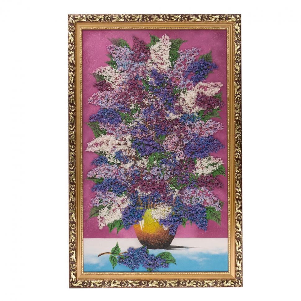 Картина из каменной крошки "Букет сирени на столе" 89х59 см багет малиновый фон фото 1 — 