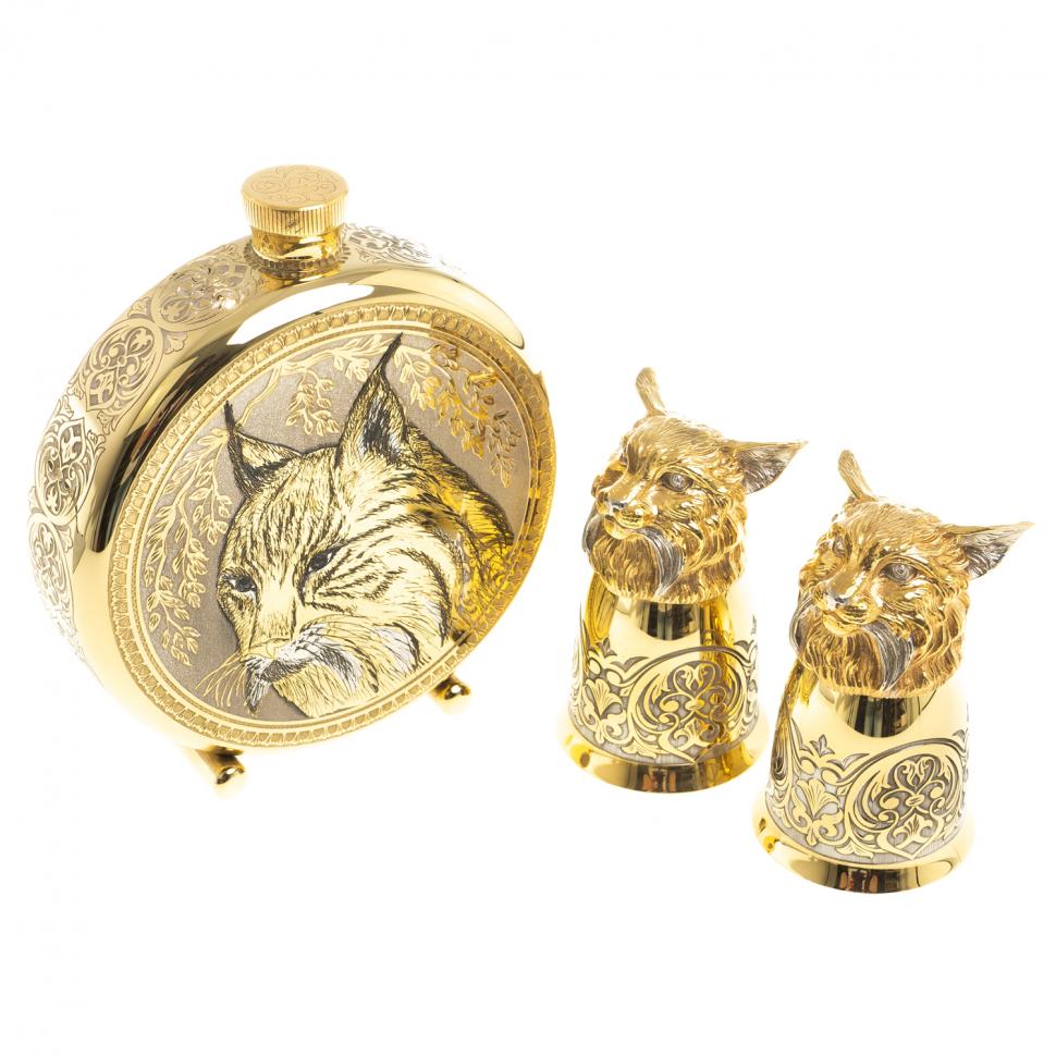 Подарочный набор "Рысь" фляжка и 2 стопки перевертыша Златоуст фото 1 — 