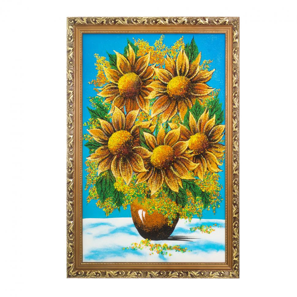 Картина "Букет подсолнухов" багет 46х66 см каменная крошка голубой фон фото 1 — 
