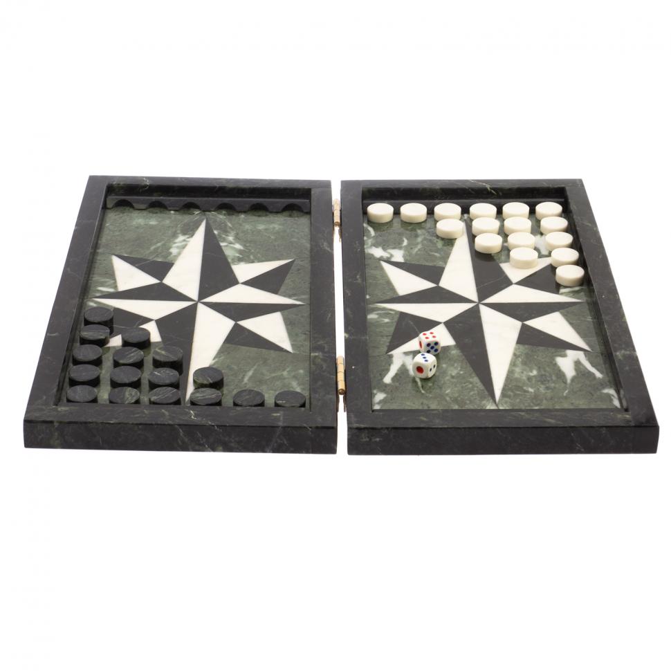 Каменные нарды "Роза ветров" белый мрамор / черный змеевик фото 1 — 