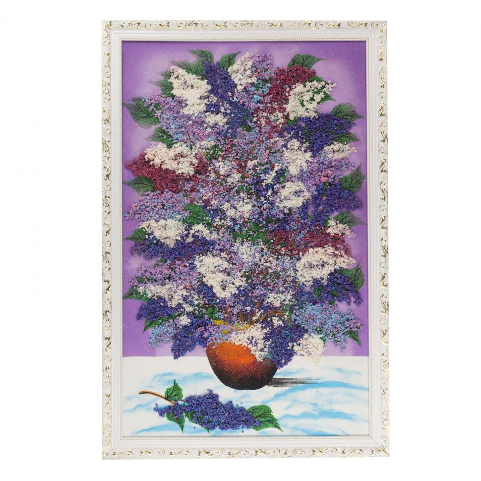 Картина с рисунком из камня "Натюрморт сирень в горшке" 87х57 см белый багет на сиреневом фоне фото 1 — 