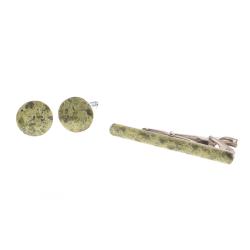 Набор запонки круглые и зажим для галстука камень змеевик — 