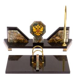 Письменный прибор &quot;Эталон&quot; с гербом РФ камень офиокальцит — 