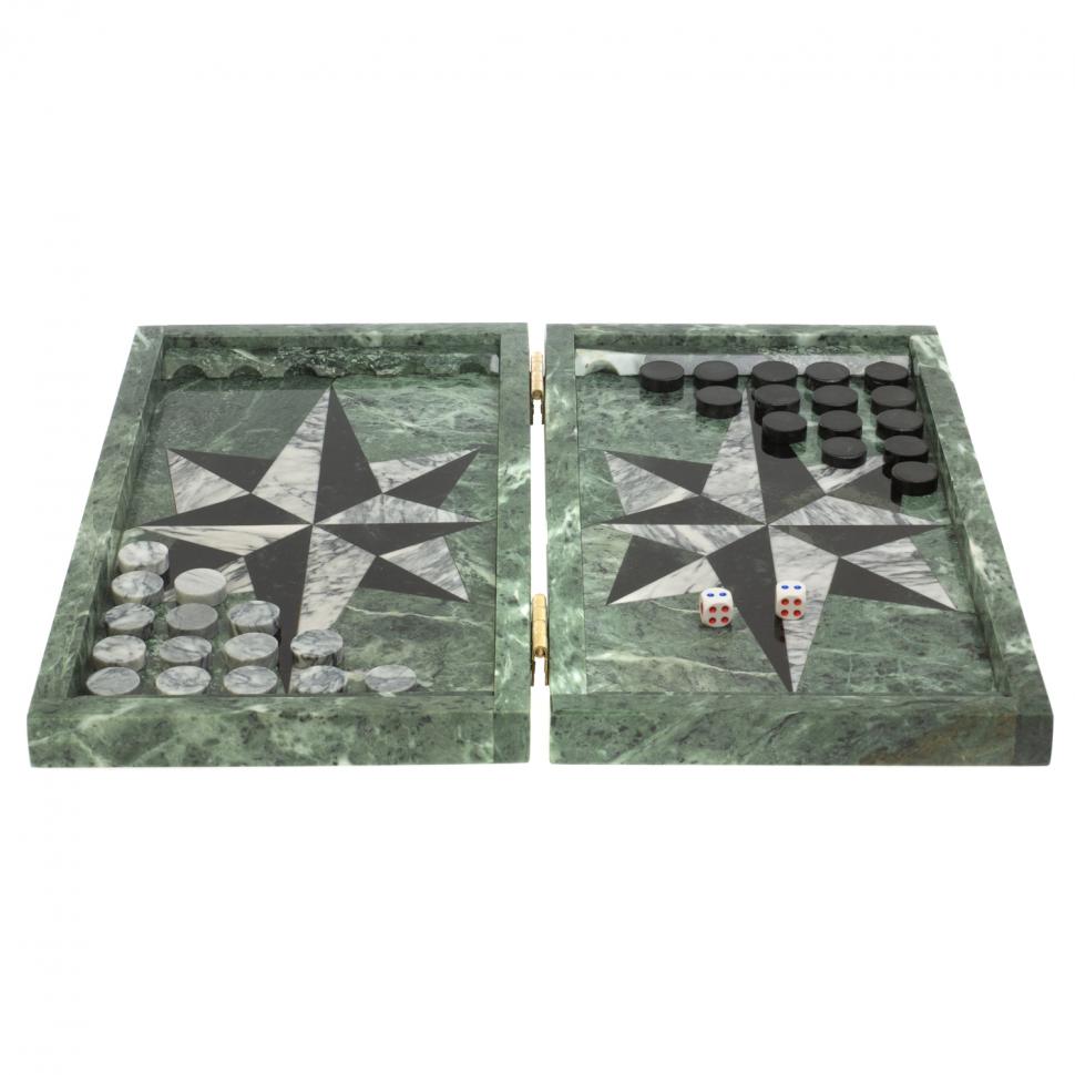 Нарды из камня "Роза ветров" серый мрамор / черный змеевик фото 1 — 