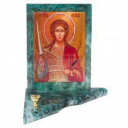 Икона с подсвечником Архангел Михаил средняя из змеевика 12х12х13 см — 