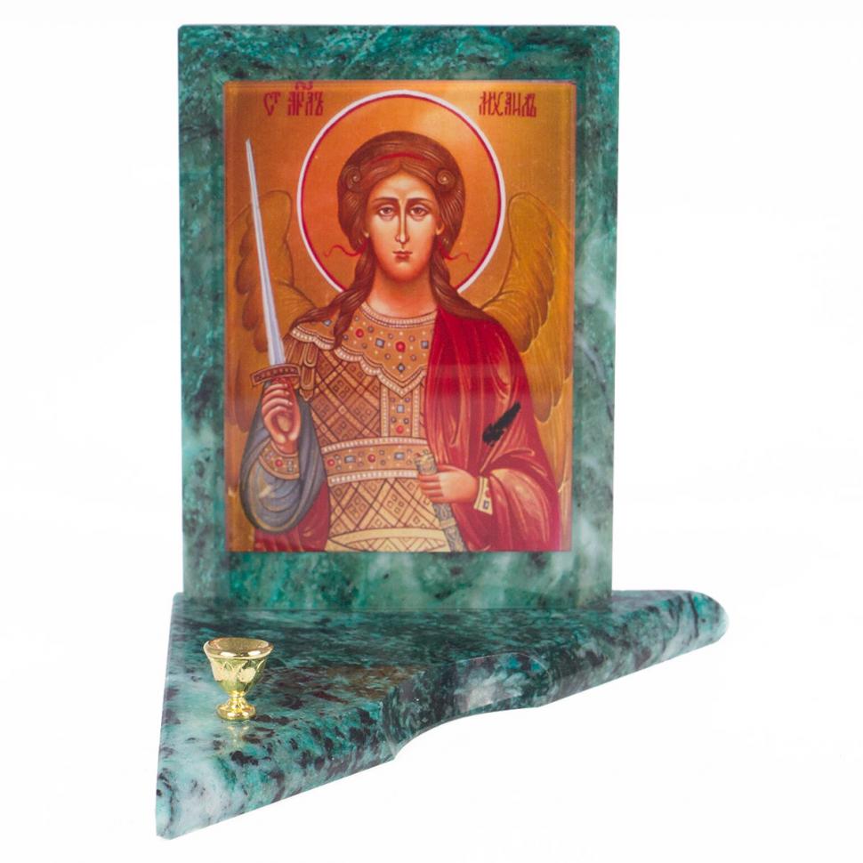 Икона с подсвечником Архангел Михаил средняя из змеевика 12х12х13 см фото 1 — 