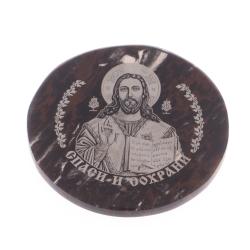 Икона в автомобиль &quot;Спаситель&quot; из коричневого обсидиана 47 мм — 