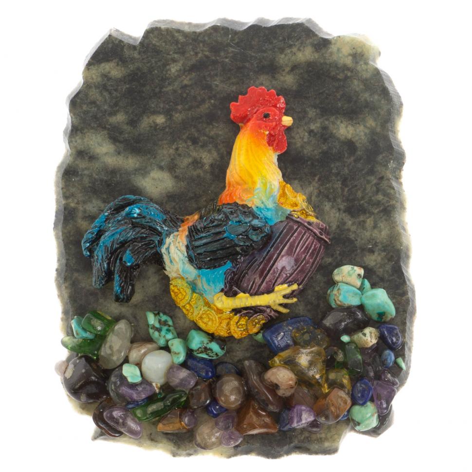 Магнит "Петух на бочке с монетами" змеевик фото 1 — 