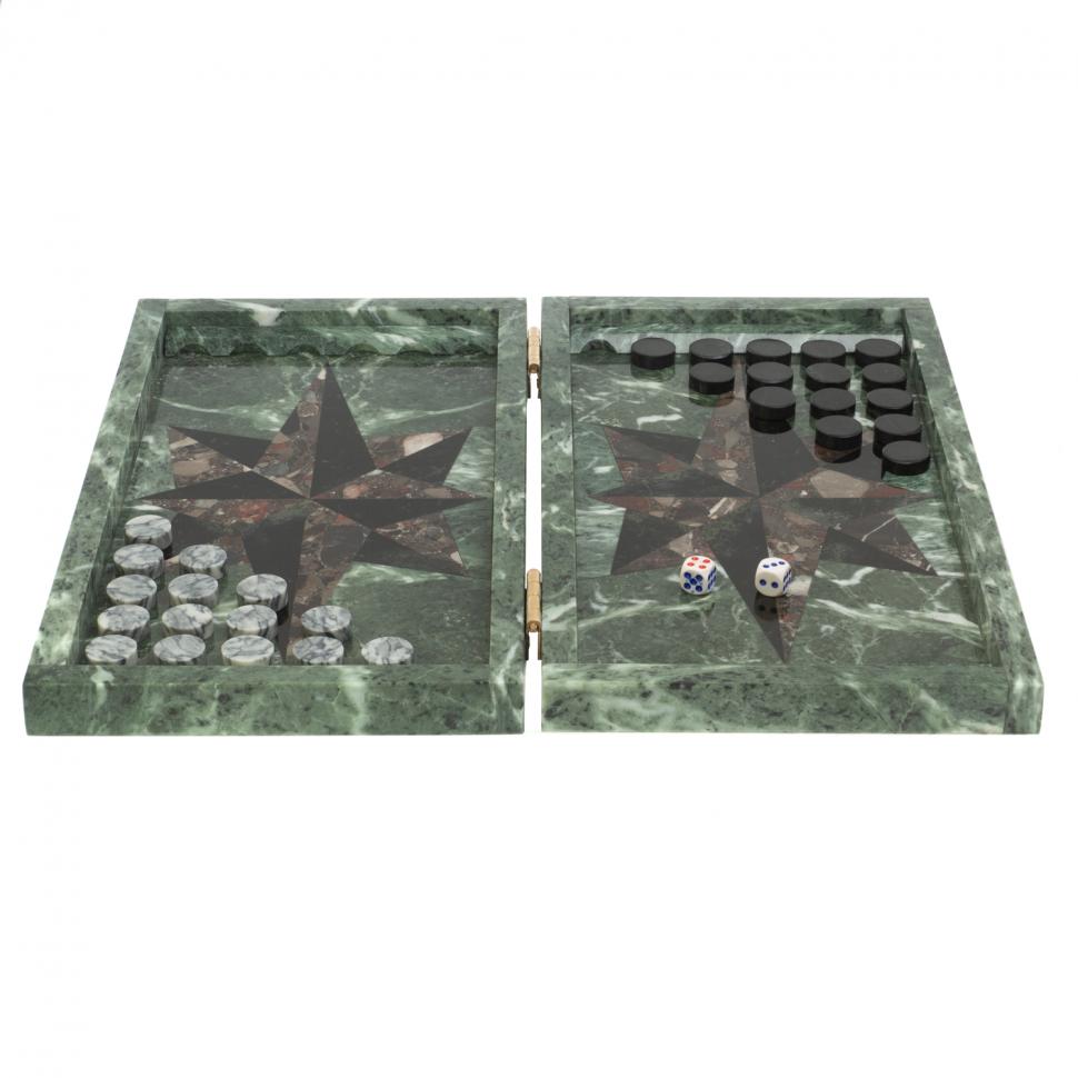 Нарды из камня "Роза ветров" конгломерат / черный змеевик фото 1 — 