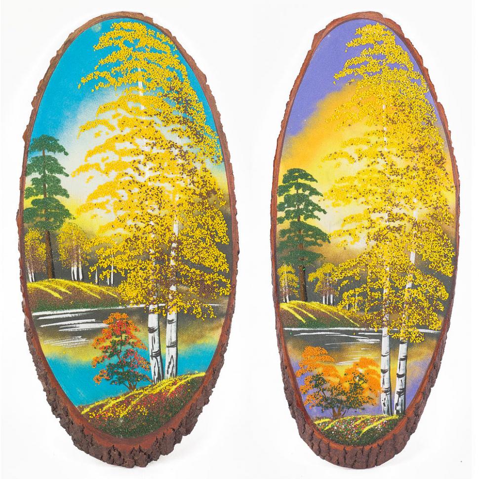 Панно на срезе дерева "Осень" вертикальное 50-55 см каменная крошка фото 1 — 