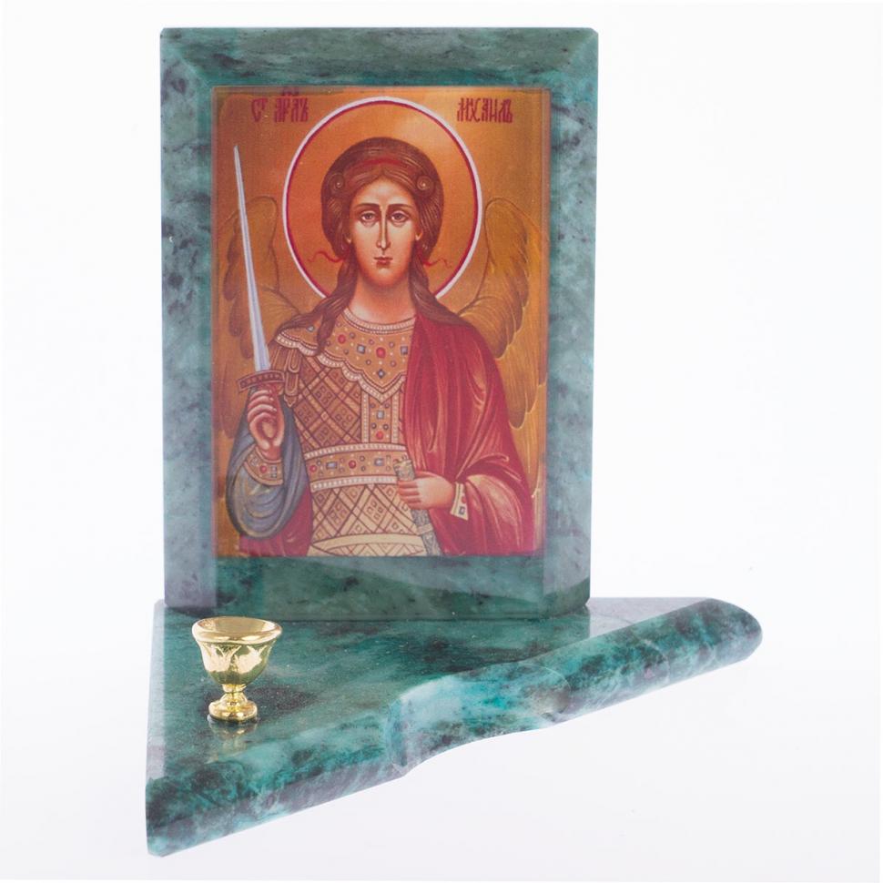 Икона с подсвечником Архангел Михаил малая змеевик 9,5х9,5х10 см фото 1 — 