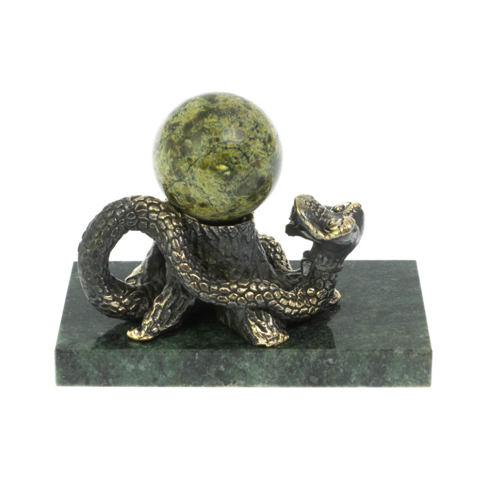 Статуэтка "Змея у пня" с шаром бронза змеевик фото 1 — 