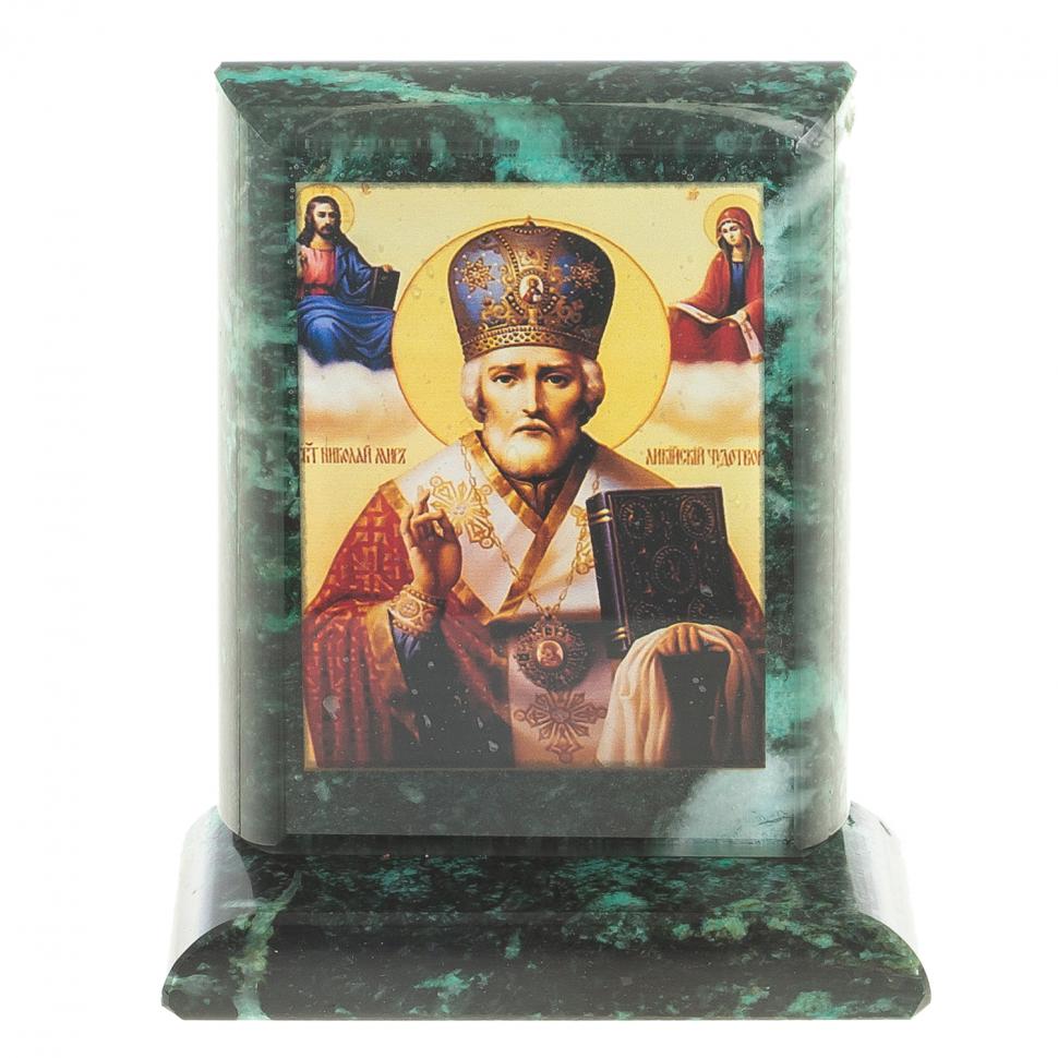 Икона настольная Николай Чудотворец малая змеевик 7,5х6,5х8 см фото 1 — 