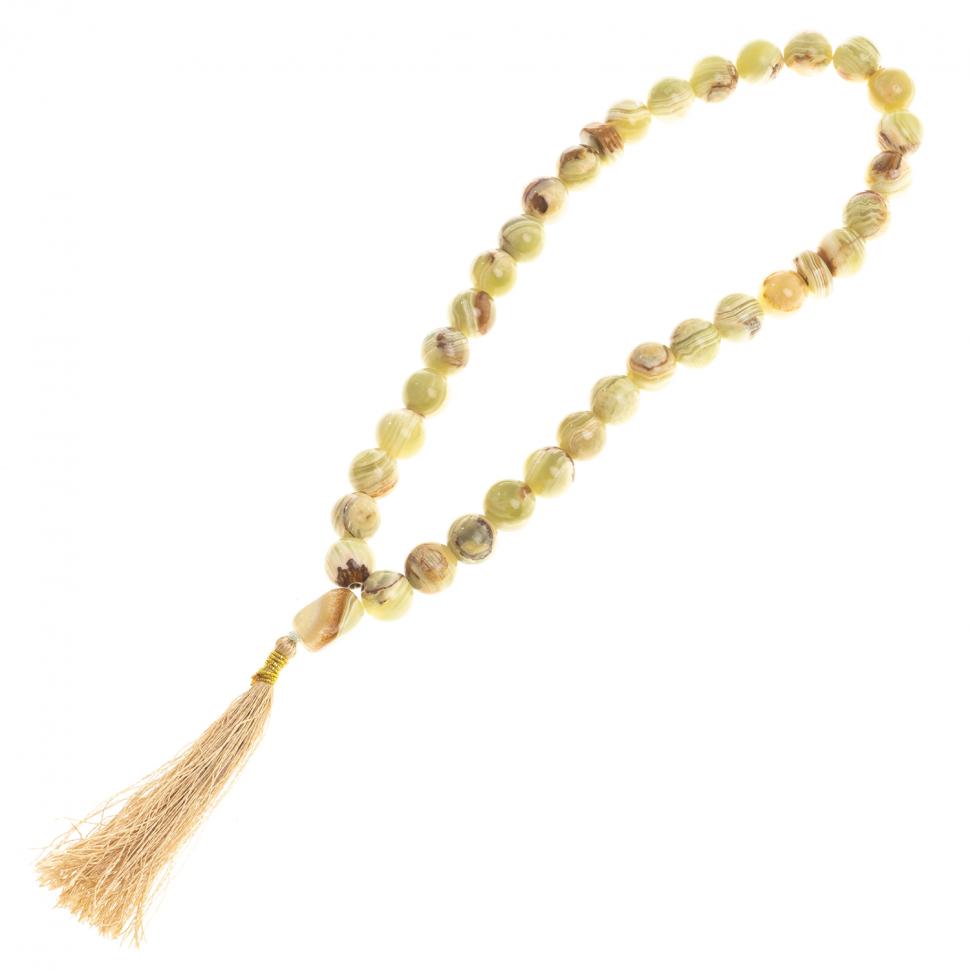 Четки из оникса зелено-коричневые 35 бусин круглые с кисточкой фото 1 — 