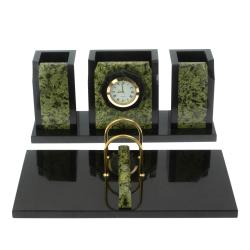 Настольный набор &quot;Грани&quot; камень змеевик с часами — 