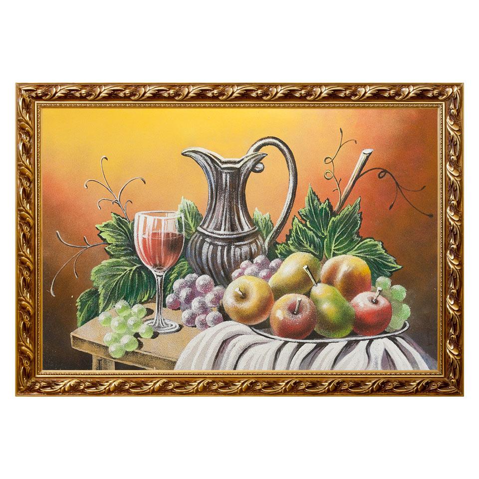 Натюрморт "Фрукты с кувшином вина" багет 46х66 см, каменная крошка фото 1 — 