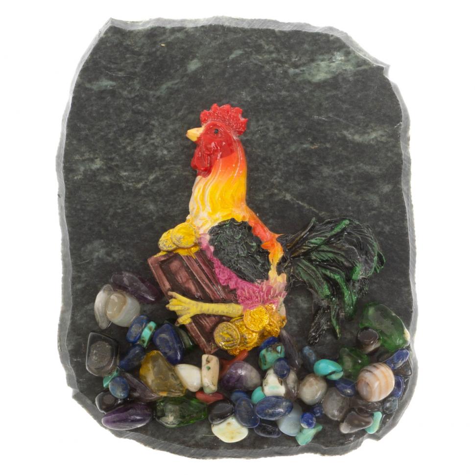 Магнит "Петух на сундуке с монетами" змеевик фото 1 — 