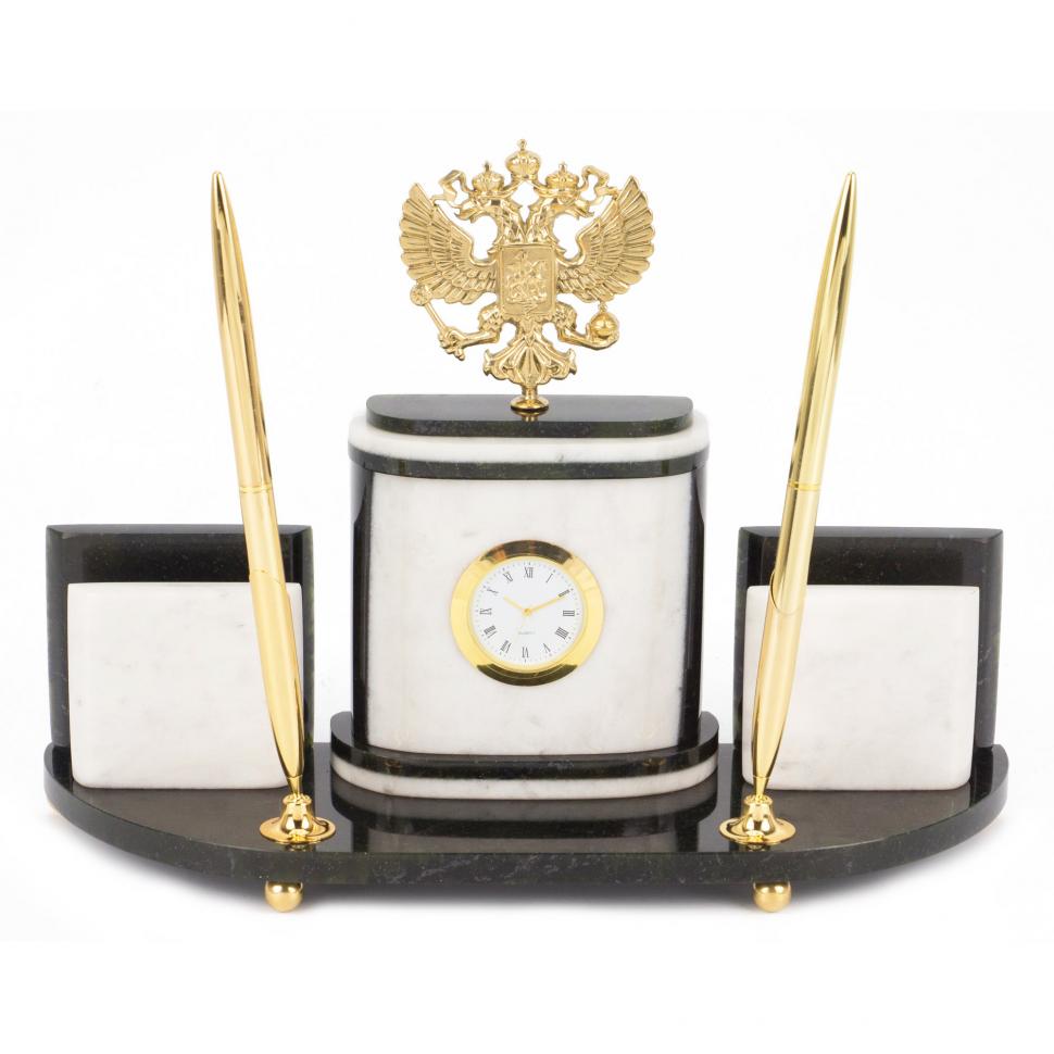 Настольный набор "Герб РФ" из белого мрамора фото 1 — 