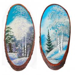 Панно на срезе дерева &quot;Зима&quot; вертикальное 50-55 см каменная крошка — 