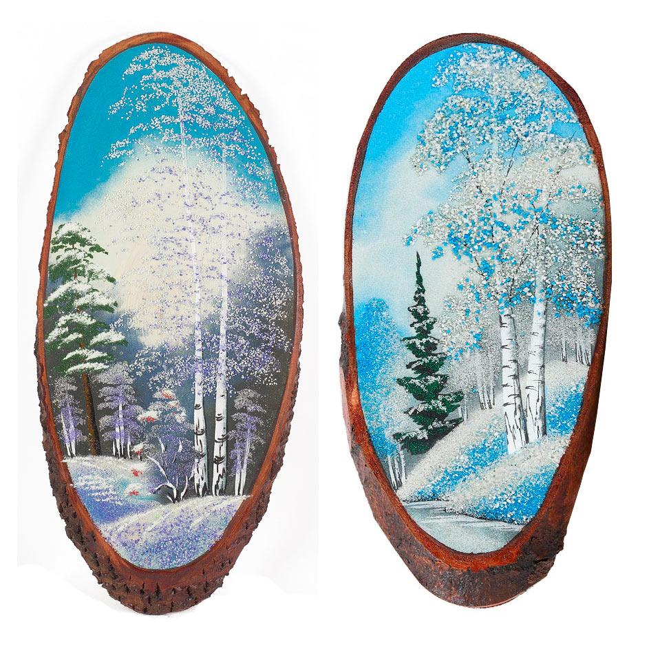 Панно на срезе дерева "Зима" вертикальное 50-55 см каменная крошка фото 1 — 