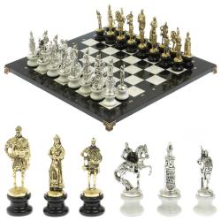 Шахматы &quot;Русь&quot; из мрамора и змеевика на каменных подставках 44х44 см — 