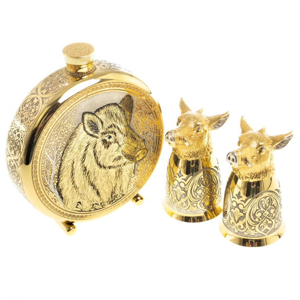 Подарочный набор "Кабан" фляжка и 2 стопки перевертыша Златоуст фото 1 — 