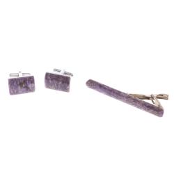 Набор запонки прямоугольные и зажим для галстука камень чароит — 