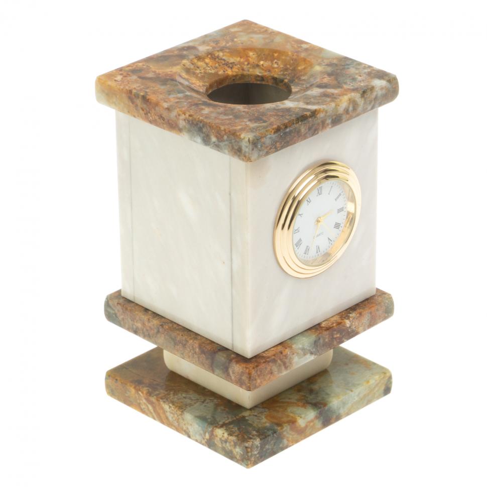 Карандашница с часами из офиокальцита фото 1 — 