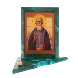 Икона с подсвечником Святой Сергий Радонежский средняя из змеевика 12х12х13 см — 