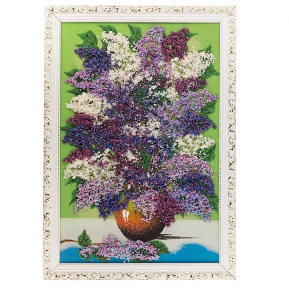 Картина из каменной крошки "Сирень на столе" 47х67 см багет зеленый фон фото 1 — 